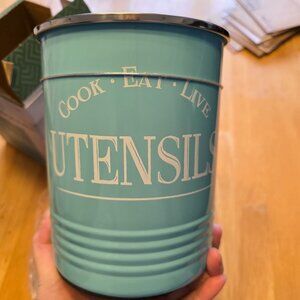 NEW Walford Home Metal Utensil Holder Teal Green White Lettering Cook, Eat, Live